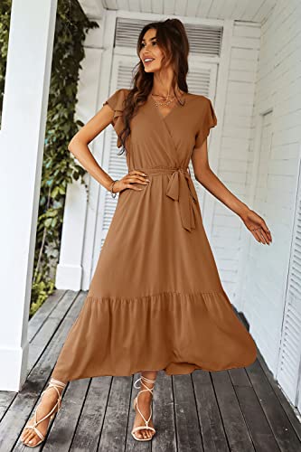 PRETTYGARDEN Women's Summer Floral Boho Maxi Dress Wrap Short Sleeve V Neck Ruffle A-Line Flowy Wedding Guest Long Dresses