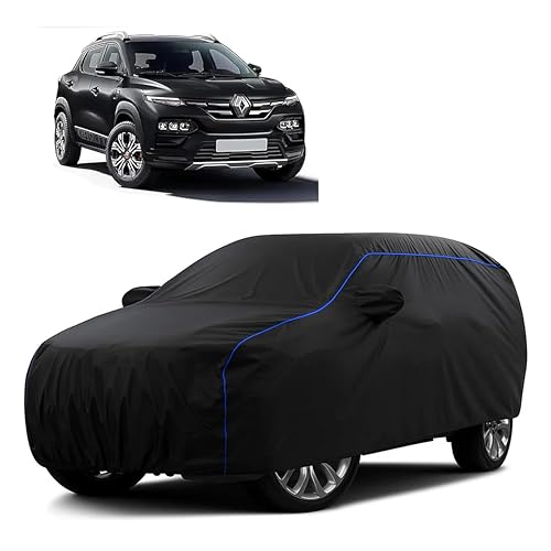 Image of Sulfar 100% Water Resistant Car Body Cover Compatible with Mirror for Renault Kiger (Triple Stitched, Full Bottom Elastic, Black Tafetta with Blue Piping)