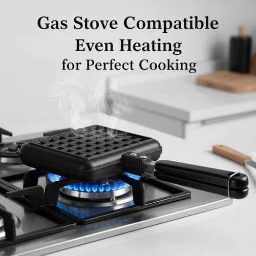 Image of Aluminium Stick-Free Waffle Maker & Pancake Pan | Gas Stove Compatible | Non-Stick Double-Sided Pan with Long Handle for Easy Flip Cooking at Home & Restaurant