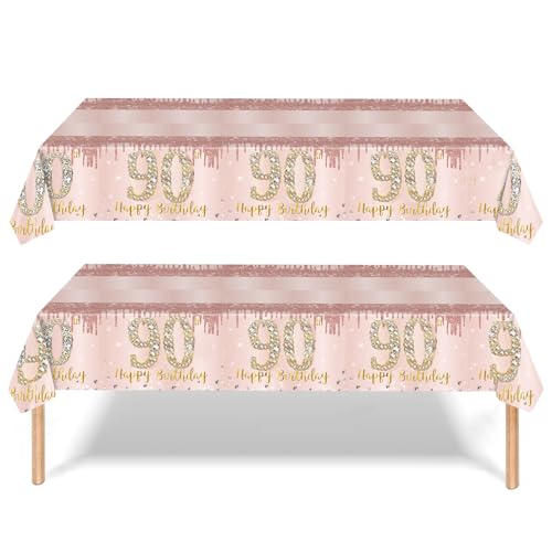 yayafunfun Decoración de mesa de 90 cumpleaños, 2 manteles de color oro rosa, mantel de 90 cumpleaños para mujeres y mujeres, mantel de plástico de 137 x 274 cm, decoración de 90 cumpleaños para ella