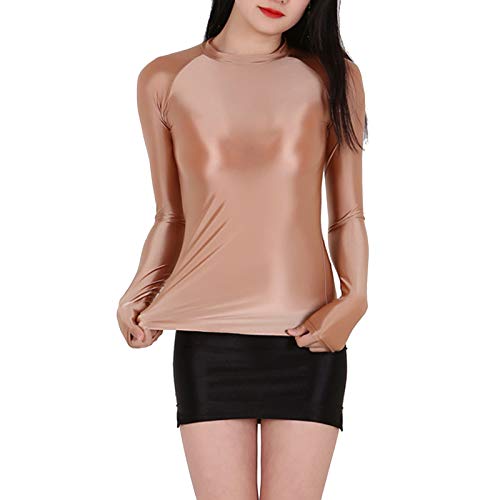leesuo Women's Sexy Oil Shiny Glossy Blouse Bodystocking Semi See Through Sheer T-Shirt Yoga Gym Stretch Tank Top Coffee