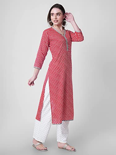 Image of YUVVIK Women's Cotton Lehariya Print Straight Kurti | Stylish Long Ethnic Kurta for Daily Pure Cotton Calf-Length Kurta for Women & Girls