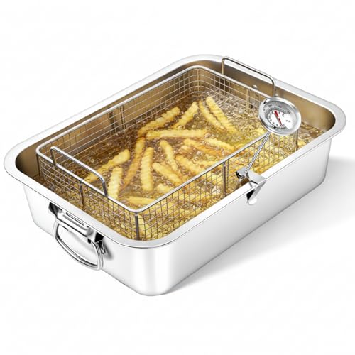 Teenyyou 10 Qt Stove Top Deep Fryer with Basket 304 Stainless Steel Deep Fryer Pan Chicken Frying Pot with Thermometer for Outdoor Kitchen Cooking French Fries Fish