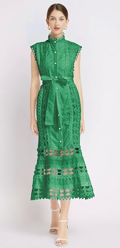 Image of LAI MENG FIVE CATS Women's Sleeveless Hollow Out Lace Button Up Casual Midi Party Dress with Belt