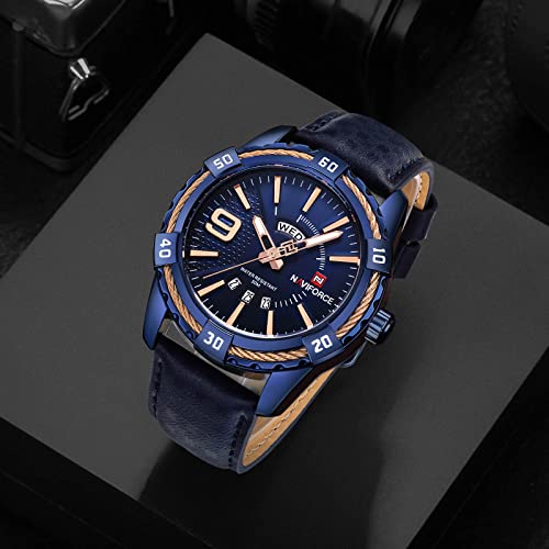 NAVIFORCE Luxury Sports Quartz Calendar Watch Gold Big Face Waterproof Leather Watches for Men