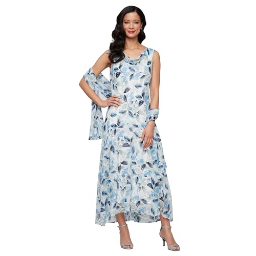 Image of Alex Evenings Women's Formal Sleeveless Cowl Neck Floral Print Gown with Shawl, Wedding Guest, Mother of The Bride Dress