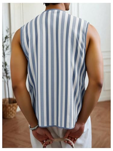 Men's Striped Sweater Tank Tops Button Down Lapel V Neck Sleeveless Knit Tops2