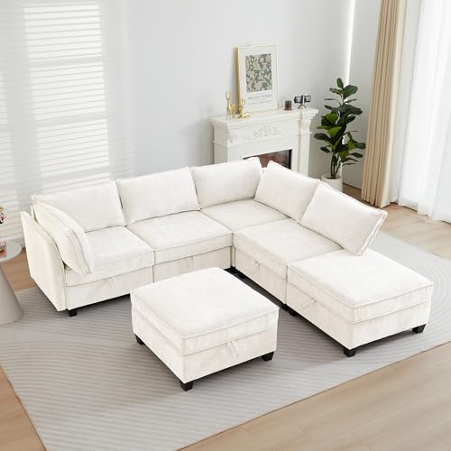 Image of ORRD Corner Modular Sectional Sofa Set, Convertible L Shaped Couch with Storage, 6 Seater Sofa Modular with Ottomans and Reversible Chaise for Living Room, Office (Beige)