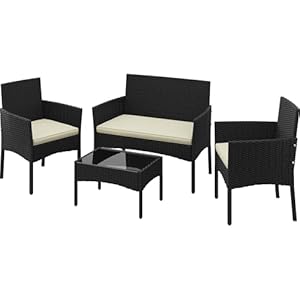 Yaheetech Patio Furniture Set 4 Pieces Conversation Sets, Rattan Chair Wicker Set Loveseat with Soft Cushion and Glass Table for Backyard Porch Garden Poolside Balcony, Black and Beige