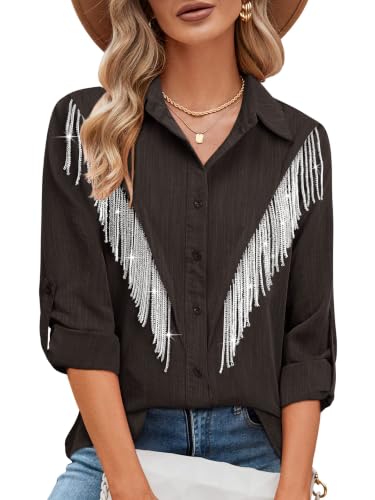 Image of MYMORE Womens Sparkly Fringe Shirt Western Cowgirl Country Concert Outfit