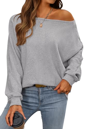 CFLONGE Fall Sweaters for Women 2024 Casual Pullover Off The Shoulder Sweater Batwing Long Sleeve Sweatshirt Knit Jumper Tops(Grey,Small)