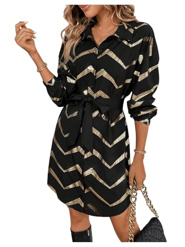 SweatyRocks Women's Metallic Gold Long Sleeve Dresses Collar Shirtdress Casino Night Party Outfit