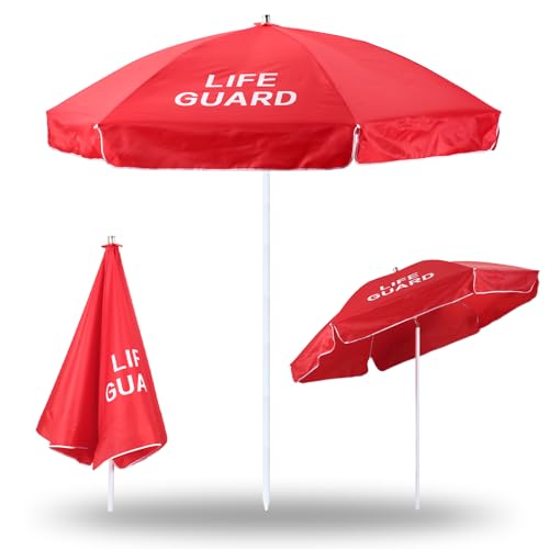 Dansydaisy 1 Pcs Red Lifeguard Beach Umbrella for Sand 6.6ft Tilt Large Portable Sand Anchor Beach Umbrella UV Protection Adjustable Pole Outdoor Sunshade for Pool Patio