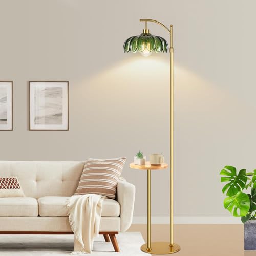 Image of QIYIZM Glass Floor Lamp with Table and Shelves for Living Room Bedroom,Gold Standing Lamp with Remote Dimmable,Boho Brass Tall Lamp Vintage Farmhouse Arc Green Flower Floor Light Bohemian