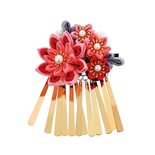 PACKOVE 1個 和風花かんざし 花髪 伝統衣装かんざし 伝統的 花のヘアアクセサリー 花柄 和風頭飾り パーティーヘアクリップ 花のヘアクリップ 和風かんざし 日本の頭飾り ハードウェア 赤