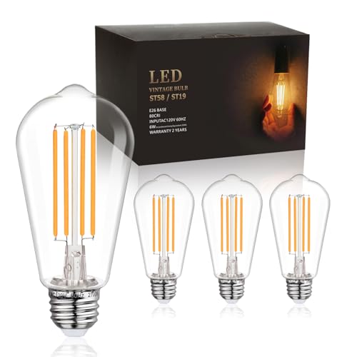 BORT 4Pack ST58/19 Vintage LED Edison Bulbs E26 LED Bulb 60 Watt