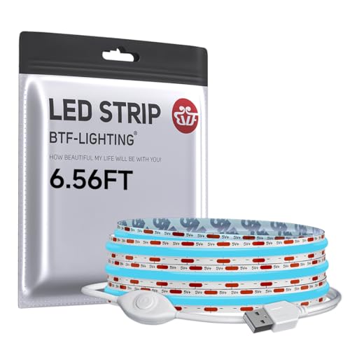 Image of BTF-LIGHTING FCOB COB LED Strip Lights 5V USB Powered Ice Blue Color for TV