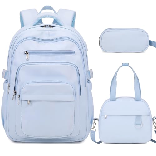 Backpack for School Girls Boys, College Backpack with Lunch Bag Pencil Case for Teens Kids Elementary Middle High School, Casual Multi-Pocket Travel Daypack with USB Port for Women Men Blue