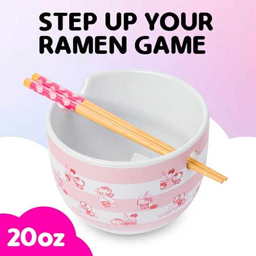 Image of Silver Buffalo Sanrio Hello Kitty Pink, Ramen Bowl with Chopsticks, 20oz | Strawberry Milk, Noodle Rice Bowl, Microwave Safe, 0.59 Liters
