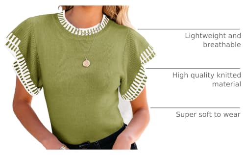 Image of Saodimallsu Womens Short Sleeve Sweater Summer Striped Top Soft Knit Shirts | Ruffle Sleeve,Loose,Crew Neck,Lightweight,Casual,Work,Spring,Womens Tops,Pullover,Fall