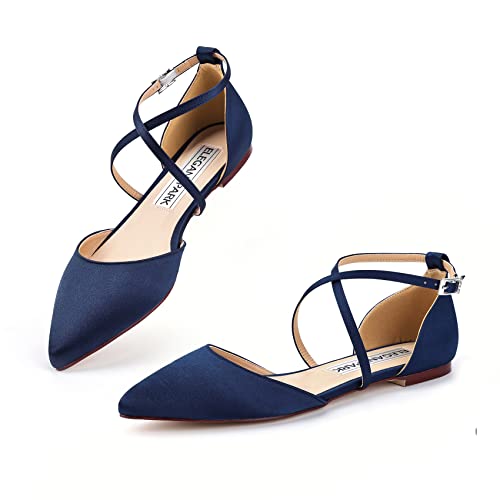 Image of ELEGANTPARK FC2322 Comfortable Satin Pointed Toe Flats for Women Ankle Straps Wedding Flats for Bride Shoes Evening Party Guest Shoes for Women Dressy Low Heel