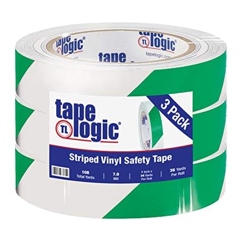 Tape Logic (3 Pack) 1 Inch x 36 Yards, Multipurpose Striped Vinyl Safety Tape, Green/White, Heavy-Duty 7 Mil Thick - Moisture/Grease Resistant, Floor Marking and Social Distancing Cover
