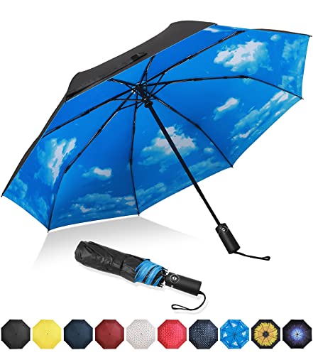 Amazon Brand - Pinzon Umbrella Compact Travel Umbrellas Strong Durable Windproof Umbrella for Rain Portable Umbrella with Teflon Coating - Reinforced Canopy, Ergonomic Handle, Auto Open/Close - Sky