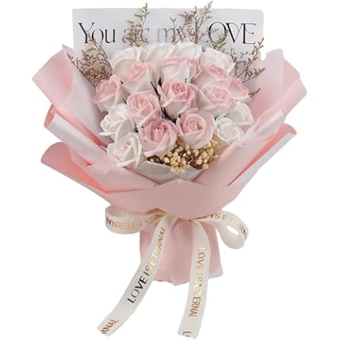 Lindagary Valentine' s Day Artificial Flowers Bouquet Simulated Soap Flower Bouquet Fake Flower Bouquet for Valentine' s Day Wedding Birthday Anniversary Party Favor Supply - Style A Cover