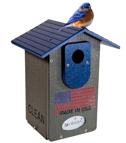 JCs Wildlife Ultimate Eastern and Western Bluebird House - Made in The USA with Recycled Poly Lumber - Viewing Window and Clean Out Door (Blue and Gray)
