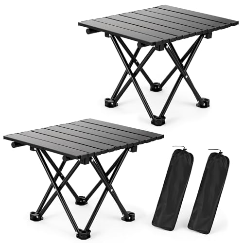 hediya 2 Pack Portable Camping Table Foldable, Ultralight Small Folding Beach Table with Carry Bag for Outdoor Travel, Beach, Camp, Picnic, BBQ, Cooking, Festival, Boat, Home Use (Black-S)