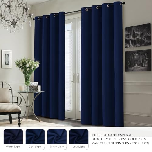 Image of Yakamok Navy Blue 100% Blackout Curtains 63 Inches Long 50 inch Wide, 2 Panels | Blackout Curtain Panels for Bedroom, 2 Thick Layers Grommet Top Thermal Insulated Drapes with White Back for Living Room