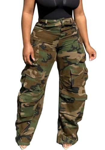 Unybwonn Women Baggy Cargo Jeans Camo Army Fatigue Wide Leg High Waisted Denim Pants Plus Size Camouflage Jean Trousers