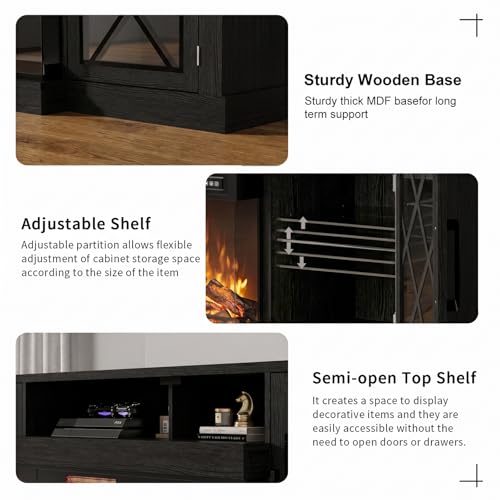 Image of BREEZEHEAT Fireplace TV Stand for TVs up to 90 inch, 3-Sided Electric Entertainment Center with 40 inch LED Fireplace, Media Console w /Storage Cabinet & Glass Doors, 79Inch, Black