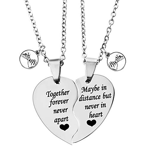 MJartoria BFF Necklace for 2-Valentines Heart Matching Necklace Best Friends Pendant Friendship Necklace Set of 2 Birthday Gifts (Silver, together forever-promise)