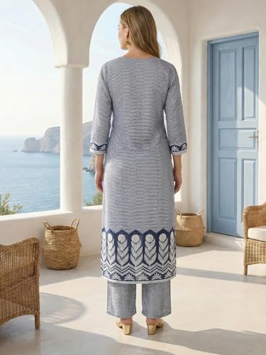Image of INDO ERA Women's Pure Cotton Chevron Printed Straight Kurta & Pant Set | Kurta Set For Women