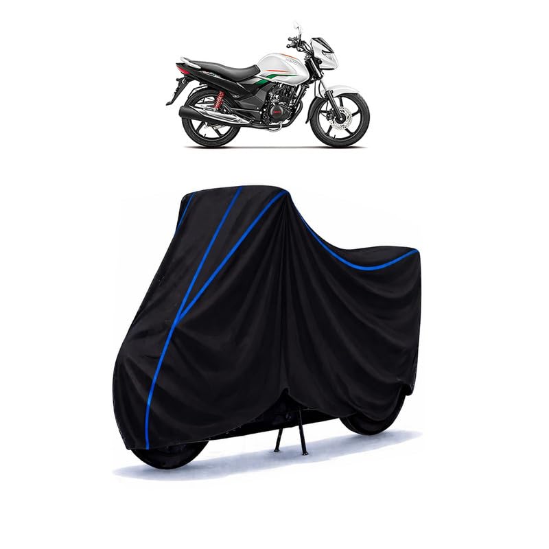Image of Hero Achiever 150 Bike Cover Water Resistant Universal Motorcycle Rain | Heavy Duty UV Protection, Dust, Scratch Indoor Outdoor All Weather with Black Blue Piping Elastic