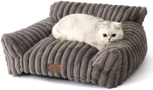 COZY KISS Katzenbett 65x44cm, Hundebett-Sofa für Kleine Katze & Hunde, Grau | Flauschig Orthopädisches Katzenbett, Kopf- & Nackenstütze, Waschbar, Rutschfester Boden, Weiches Kunst
