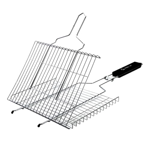 QLECXZI Cesta de Parrilla Ajustable, Cesta para Asar Pescado, Red de Barbacoa, Clip de Barbacoa de Alambre, Espacios de Rejilla de tamaño para una, Plata, 69 x 34.5 cm