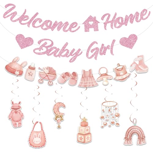 Welcome Home Baby Girl Deko - Roségold Babyparty Dekoration Banner für Willkommen Zurück Party Niedliche Hängedeko Girlande für Girl Baby Shower Gender Reveal Inside Outside