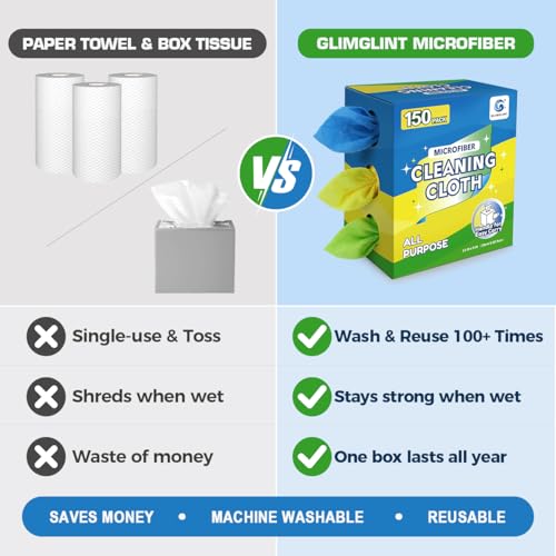 Image of GLIMGLINT Microfiber Cleaning Cloth 150 Pack, Reusable Paper Towels 11 x 9