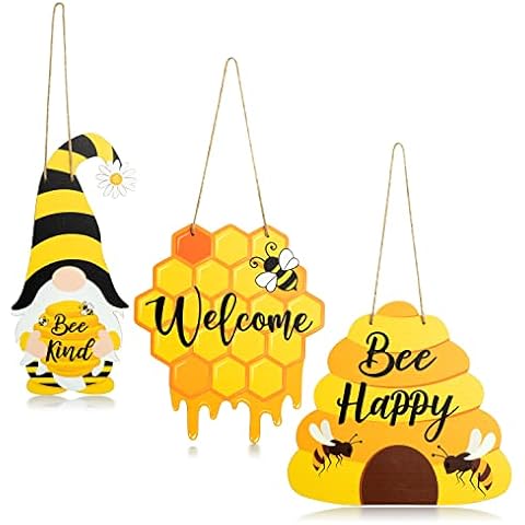 W1cwey 3pcs Bee Honeycomb Gnomes Wooden Hanging Door Sign, Happy Bee’s Day Porch Welcome Sign for Door, Bee Festival Decor, Bee Happy Farmhouse Wreath Hanging Ornaments Decor for Indoor Outdoor Cover