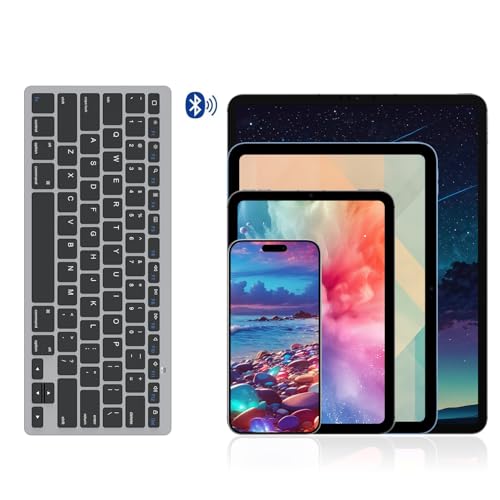 Image of OMOTON Ultra-Slim Bluetooth Keyboard for iPad 11th /10th /9th /8th /7th, iPad Pro /Air /Mini and iPhone Series, Wireless iOS Keyboard with 12 Multimedia Keys for Office, Home, Travel, School, Black Grey