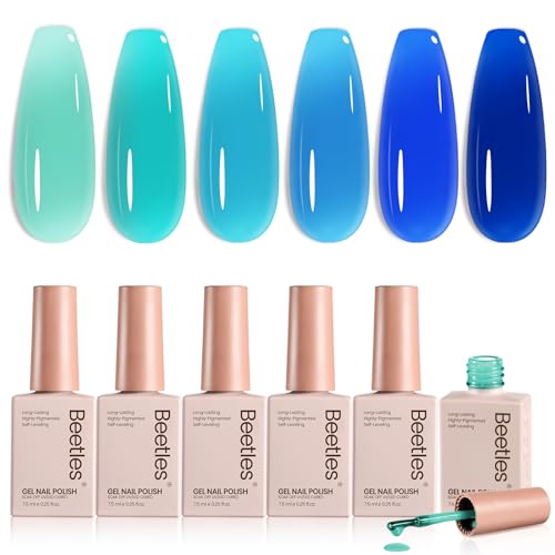 Image of Beetles Blue Gel Nail Polish Set - Ocean Veil 6 Colors Jelly Summer Gel Nail Polish Kit Green Blue Colors Sheer Translucent Effect Soak off UV Nail Art DIY at Home Gift for Women