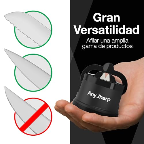 Miniatura 5 de Anysharp Afilador De Cuchillos, Seguridad Sin Manos, Ventosa, Afila Con Seguridad Todos Los Cuchillos De Cocina, Ideal Para Acero Endurecido Y Dentados, El Mejor Del Mundo, Compacto, Negro