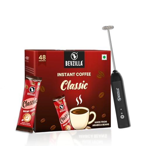 Image of Bevzilla 48 Classic Coffee Sachet with Rechargeable Electric Frother Combo Pack | 3-Speed Setting with Type-C Fast Charging|r | Cafe Coffee Kit | Perfect for Espresso, Latte & Cappuccino | Enjoy Hot & Cold Brews