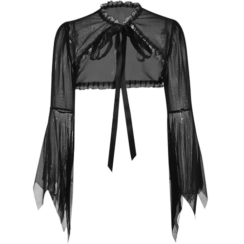 Image of Women Gothic Crop Top Shirt Y2K Black Bell Sleeve Shawl Cardigan