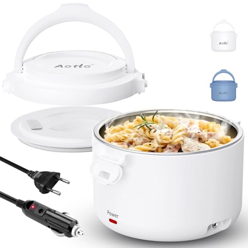 Aotto Fiambrera Eléctrica, 80W Taper Electrico para Comida, 950ml Fiambrera Termica para Adultos, 12V/24V/220V Fiambreras Comida Trabajo para Trabajo, Viajes, Coche, Camión, Casa, Oficina (Blanco)