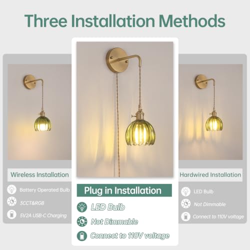 Image of Shenmoyl Vintage Wall Sconce Wall Lamp with Green Tulip Glass Shade Hanging Wall Sconce with 4.9FT Plug in Cord, Modern Wall Lamp Fixtures Decor for Bedside Bedroom Indoor Doorway