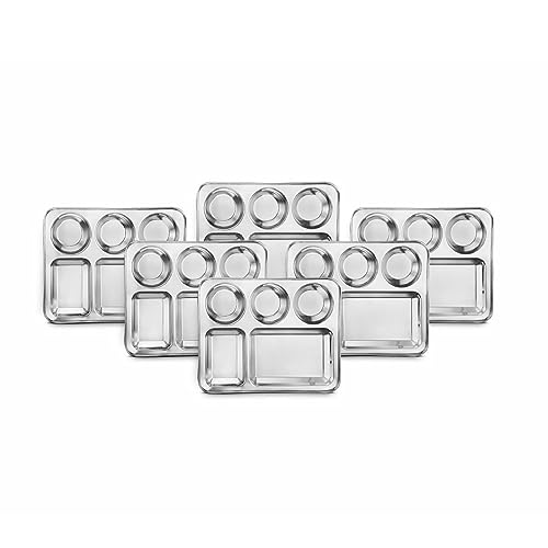 Image of CLASSIC ESSENTIALS Stainless Steel Compartment Plate Bhojan Thali (Five-in-One), Lunch /Dinner Plate | Pack of 6