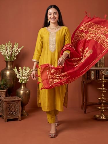 Image of INDO ERA Women's Silk Blend Embroidered Sequinned Kurta & Pant with Dupatta Set